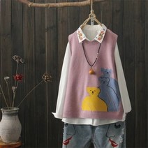 여성 양모 베스트 니트 패딩 조끼 귀여운 곰 프린트 -넥 민소매 스웨터 가을 겨울 캐주얼 짧은 코트