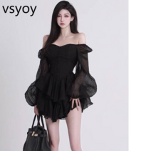 vsyoy 핫도그는 매우 매운 검은 드레스 여성의 가을 드레스 고급 요정 드레스 어깨 기질 쉬폰 작은 검은 드레스