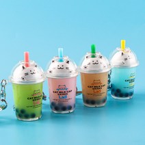 고양이 버블티 키링 열쇠고리 키홀더 가방장식 아이팟 키링, 그린