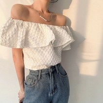 어깨 트임 오프숄더 블라우스 여성 버블 반팔 셔츠 프릴