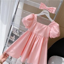 PigPug 여자 어린이 여름옷 22 어린이 퍼프 소매 공주 스커트 프랑스식 네모난 칼라 여자 아기 순면 스커트