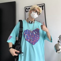 재미 레터링 하트 발포 프린트 남녀 순면 반팔 티셔츠