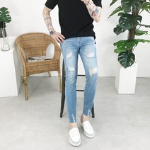 모룸 남자 9부 밑단컷팅 프리미엄 워싱 스판 데미지 연청데님