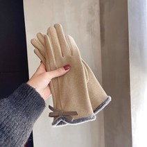 바이크 장갑 바이크 방한장갑 바이크 가죽장갑Gloves Winter women Korean version lovely bow knot plus, 08 Khaki Terry Style