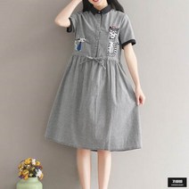 가바바 여성 원피스 린넨 귀여운 고양이 자수 체크 셔츠 롱원피스 G49629