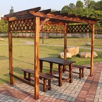 조립식 원두막 정자 가격 파빌리온 야외 안뜰 간단한 작은 야외 포도 랙 방부제 나무 테이블과 의자 로그 하우스 정원 단단한 나무 파빌리온 갤러리 테이블, 6개의 테이블과 의자가 있는 업그레이드 모델