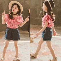 [당일발송][국내바로배송]주니유니 국내배송 주니어 상큼청반바지세트 주니어상하복 초등학생상하복 여아상하복 주니어블라우스 청반바지