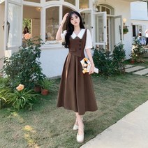 빅사이즈 여성복 빈티지 패치워크 캠퍼스룩 원피스 여름 인형넥 블라우스 스커트 투피스