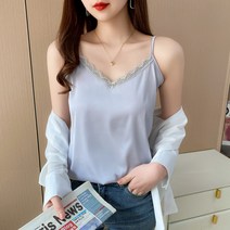 여성 새틴 나시티 브이넥 레이스 슬림핏 봄 여름 외출 여자 나시 2023 상의 Satin sleeveless shirt XK0096