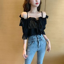 숄더 디자인 반팔 프릴 오프 숄더 쉬폰 블라우스