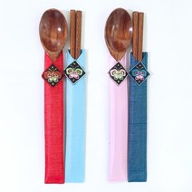 전통 대나무 숟가락 젓가락 + 자수 수저집 2개 세트 외국인 선물 한국 기념품