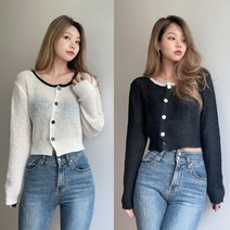 투올클로젯 크롭 숏 사선 그물 버튼 배색 가디건 2컬러