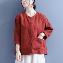 다도 생활 한복 개량 가을 면 린넨 더블 포켓 라운드 넥 긴팔 미니 카디건 레트로 캐주얼 오버핏 외부 탑 여성