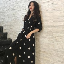여성 봄 여름 흰검 땡땡이 도트 카라 롱 원피스 빅사이즈원피스