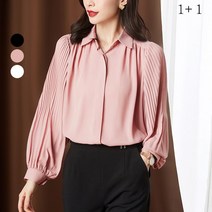 JUSTFEELING 1+1 75kg까지 빅사이즈 여성 출근룩 긴팔 티 셔츠 주름 무지 블라우스 상의