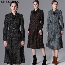 쉬즈미스 타이넥 플라워 벨티드 플리츠 원피스