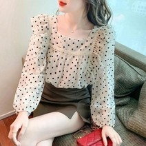 땡땡이 도트 블라우스 셔츠 스퀘어넥 오버핏 쉬폰 여름 캐주얼 커뮤터 여성