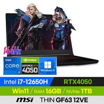 [사은품 증정!] MSI THIN GF63 12VE i7 가성비 고사양 배그 롤 오버워치 로아 발로란트 12세대 15인치 게이밍 노트북 (코어i7-12650H/RTX4050), 블랙, 코어i7, 1TB, 16GB, 윈도우 포함