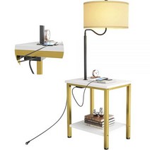 LityMax 테이블이 있는 LED 플로어 램프 - 전원 콘센트 및 USB 충전 포트가 엔드 테이블 침대 옆 나이트 스탠드 선반 거실 침실 전구 포함 화이트 581433, Black Oak, 1Pack