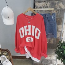 상상그이상 여성용 국내제작 간절기 오하이오 레이어드 맨투맨 발포 레터링 빅사이즈 오버핏 코디걱정없는 페이크 티셔츠