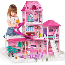 TEMI Doll House Toddler Toys for 3 4 5 6 Years Old for Girls - 3-Story 6 Rooms Playhouse with 2 Dolls Toy Figures Dream House Doll House 7-8 for Girl, 상세참조