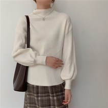 Jielur-2022 랜턴 슬리브 스웨터 여성 터틀넥 오피스 레이디 퓨어 컬러 니트 풀오버 루즈한 화이트 카키