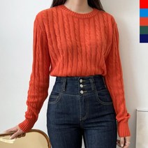 [바보사랑] 여자 꽈배기니트 라운드넥 무지 초록색 긴팔티[옷자락]