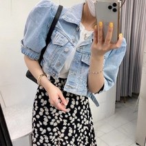 후드자켓노카라청자켓여성간절기자켓 레트로 퍼프 슬리브 반팔 데님 재킷 여성용 얇은 루즈한 가디건 숏 올 매치