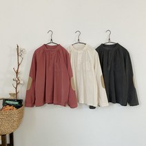 코지23 / 여자 로밍 팔꿈치 배색 패치 노카라 핀턱 긴팔티