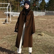 떡볶이코트 여성 더플코트 긴 코트 혼 버튼 솔리드 컬러 모직 따뜻한 어 통근 스타일 긴