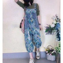 YI MING 여성용 9부 멜빵 바지 예쁜 점프수트 빅사이즈 데님 멜빵바지 F397