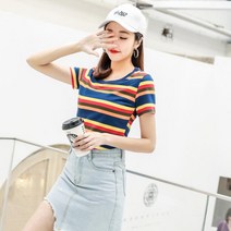 슬림 무지개 스트라이프 반소매 T 셔츠