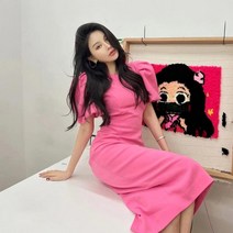 핑크 백오프레이스 원피스 리본 퍼프 핫핑크 원피스 바캉스룩 리조트룩