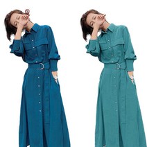 JUST FEEL!NG 무지 여성용 긴팔 플리츠 롱원피스 일자핏 빅사이즈 앞단추 허리 밴딩 우아한 여성의류