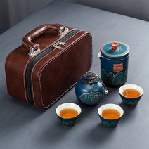 중국 휴대용 여행용 도자기 3인 다도세트 다기 선물 세트, 찻주전자 하나찻잔 3개+차엽단+가죽선물세트
