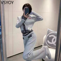 vsyoy 넷 레드 프라이드 스트리트 고급 패션 전문 니트 정장 여성 홍콩 맛 봄과 가을 넓은 다리 바지 2 피스 세트
