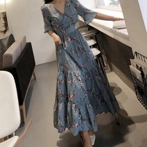HQINT 레트로 잔꽃 쉬폰 원피스 슬림 여름 데일리