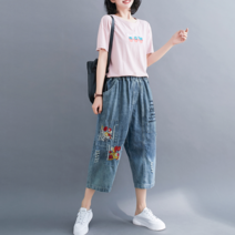 7부 자수 데님 팬츠
