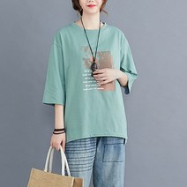 에블 대박걸 레터링 그래픽 프린팅 라운드넥 옆트임 박시 루즈핏 칠부 미시 티셔츠 3color
