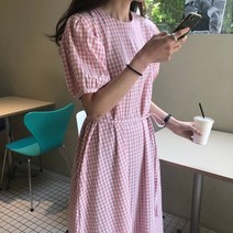 3colors 여름 지지미 반팔 소매 퍼프 깅엄 고방 체크 플레어 롱 원피스