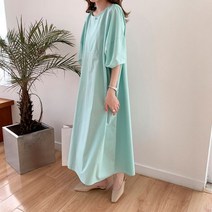 면 버블 슬리브 민트 라운드넥 오버핏 롱원피스 0115