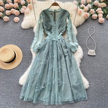 우아한 자수 레이스 원피스 돌잔치 셀프웨딩 세미정장 브리넥 뭬쉬 퍼프 슬리브 A라인 롱 스커트