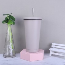 500ml 스테인리스강 빨대컵 더블 진공커피컵 304 보온컵 차량용 물컵 버블티 덮개 콜드컵 보온 보냉 커피 텀블러, 500ml-1000ml, 회색/회색