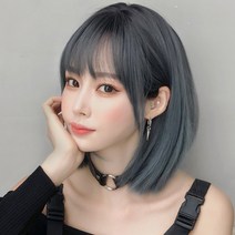 하이유니 풀뱅 롱 단발 통가발 36cm + 가발망 + 거치대 세트, 애쉬블루-블랙 / 36cm