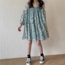 포린박스 귀여운 블루 꽃무늬 A라인 쉬폰 미니 원피스 SH