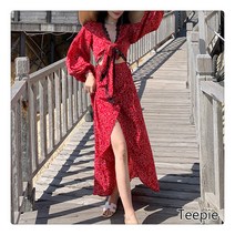 티피/Teepie 보헤미안 비치 원피스 여성 패션 브이넥 오프숄더 불규칙 원피스