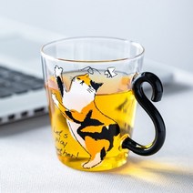 포토 브릭 법랑 밀크 예쁜 머그 컵 250 ml 귀여운 검은 고양이 유리 커피 잔 세트, 노란 고양이, 250ml
