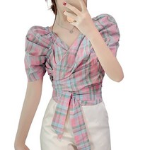 여름 여성용 반팔티 벌룬 소매 크로스 브이넥 셔츠 블라우스 0J544