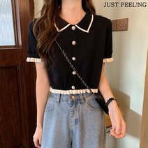 JUST FEEL!NG 여성 봄여름 카라넥 배색 크롭티 반팔 큐티 아이스 학생 니트 티셔츠