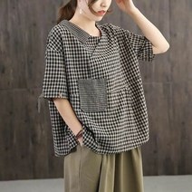 스칼랩 린넨 싱글카라 체크블라우스